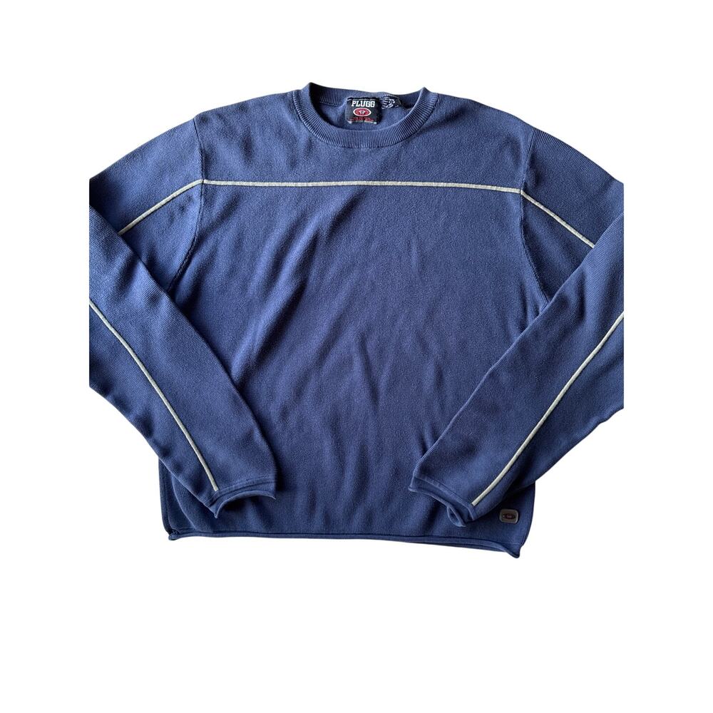 Y2K Plugg Navy Stripe Knit Sweater Mens L Zip Hidden Sleeve Pocket